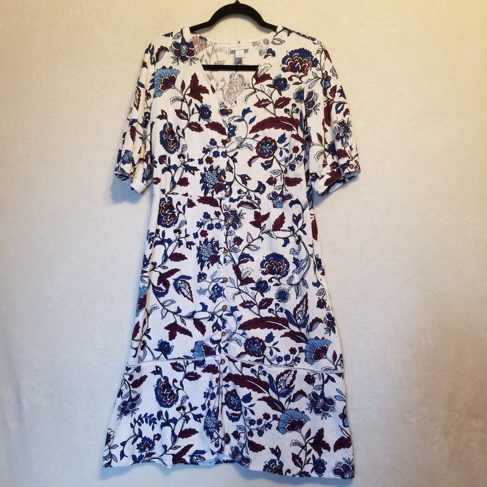 Liz Claiborne 6 Dress Linen Blend Midi Puff Sleeve Cottagecore Preppy Classic